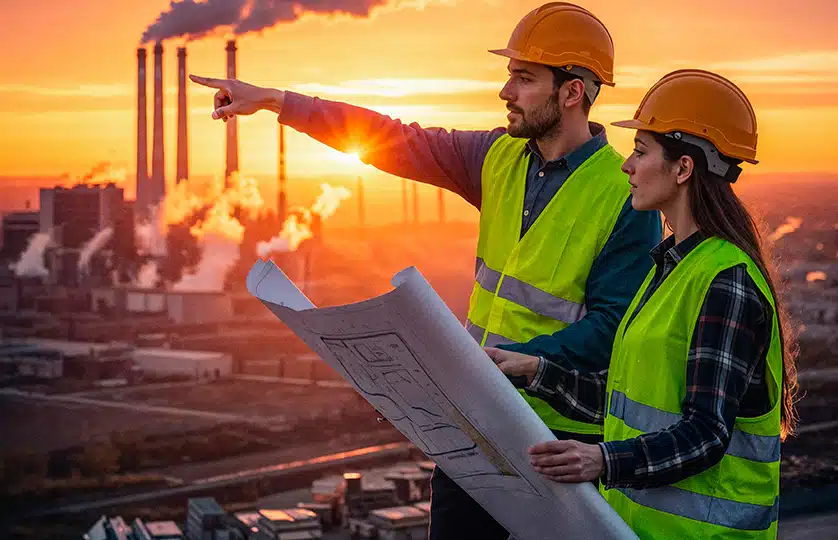 Industrial construction site with cranes and steel structures in progress
